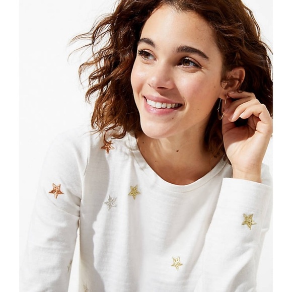 LOFT Shimmer Star Cream Sweatshirt Embroidered Star Metallic Holiday Sz XS NWT - Picture 1 of 8